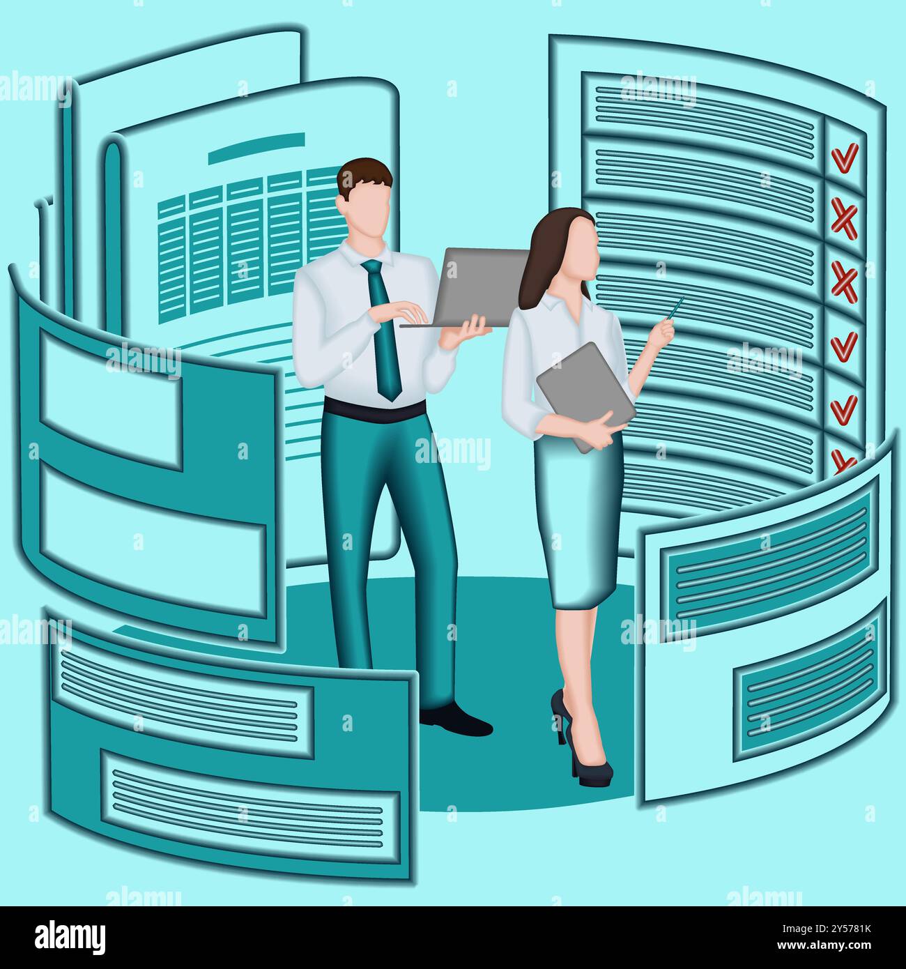 Man and woman study the survey results to identify and understand problems in the decision-making process. Business concept. 2D vector illustration. Stock Vector