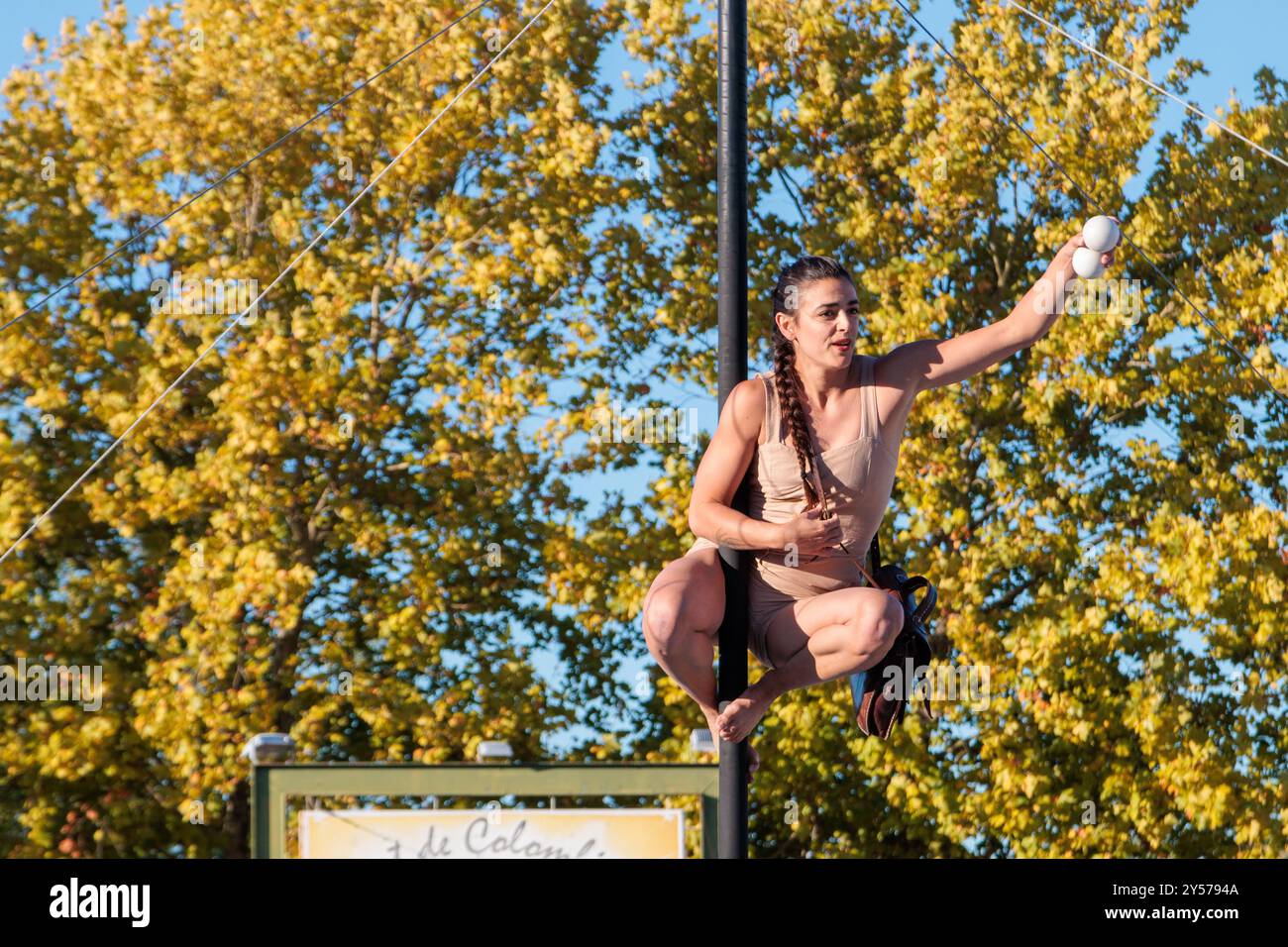 Circus show 'Ven' by the 'Si Seul company'. Amphitheater of the port of Colombiers. Show hosted as part of the stage in Herault. Occitanie, France Stock Photo