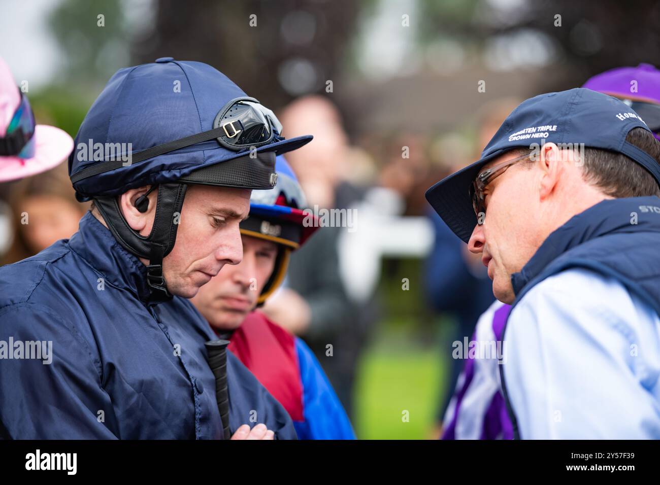 Southwell, United Kingdom, Friday 20th September 2024; jockey Ryan Moore, is given instructions by City Of Troy's trainer Aidan O'Brien, ahead of the public gallop of City Of Troy at the track in preparation for a crack at the 2024 Breeders' Cup Classic. Credit JTW Equine Images / Alamy Stock Photo