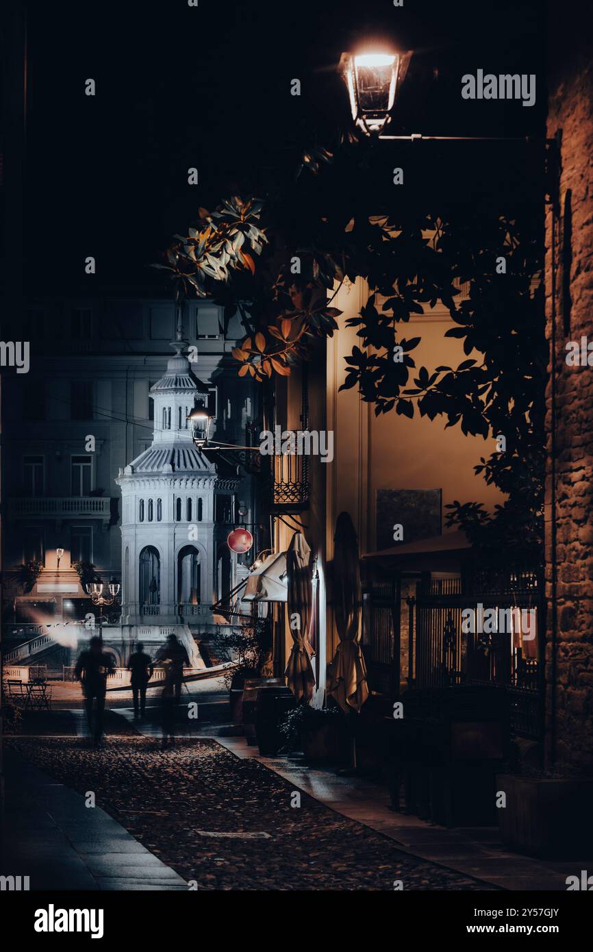 Acqui Terme and its thermal fountain, La Bollente, at night. Stock Photo