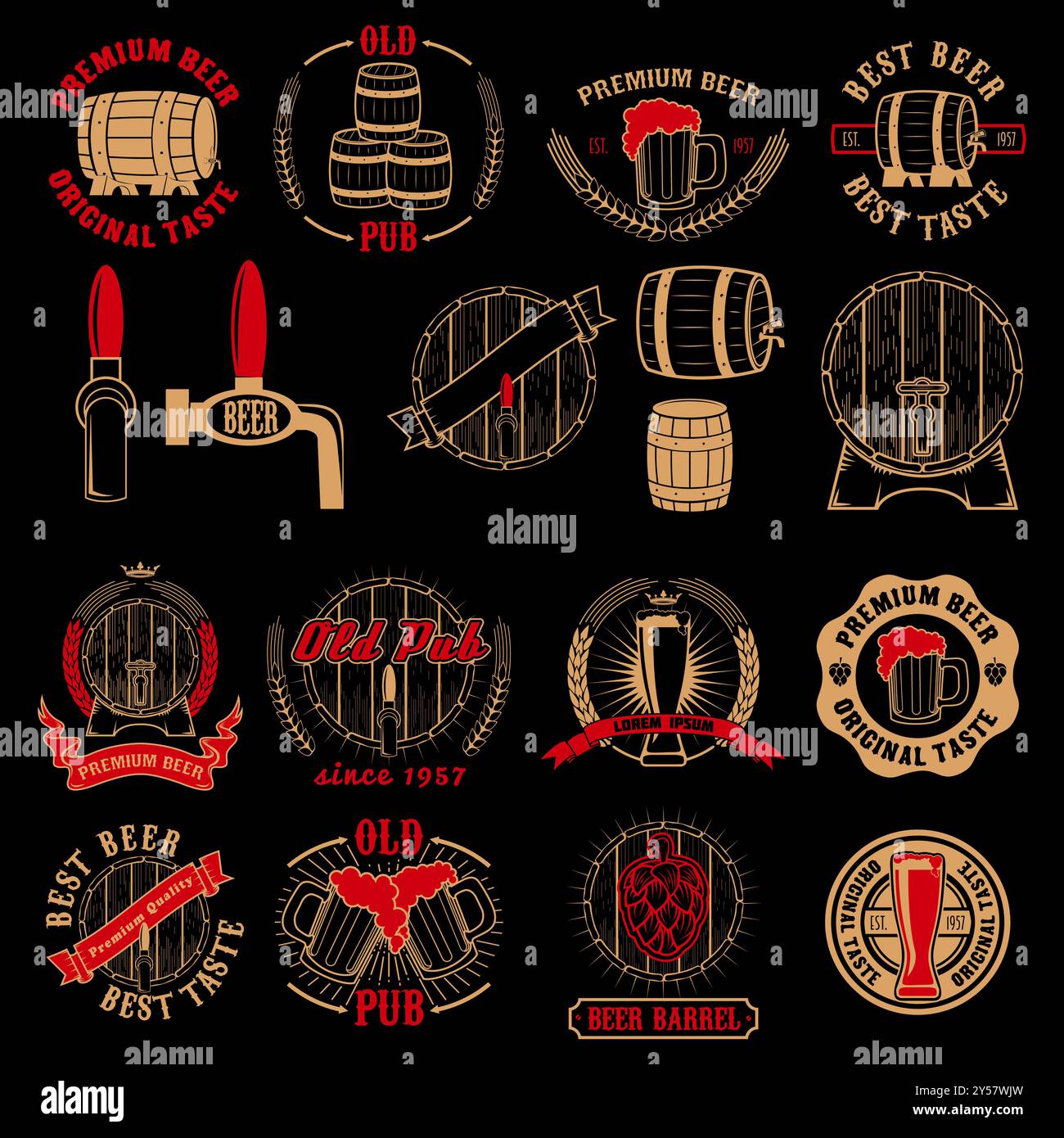 Set of beer labels design elements on grunge background. Design element ...
