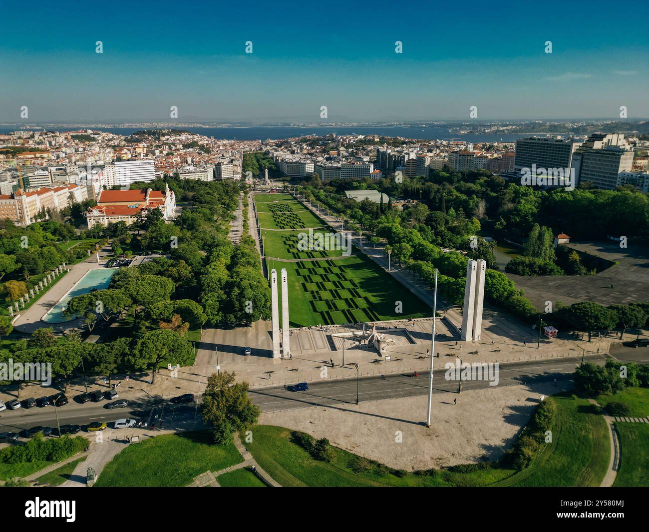 AERIAL View of Eduardo VII park with labyrinth in Lisbon, Portugal . High quality photo Stock Photo