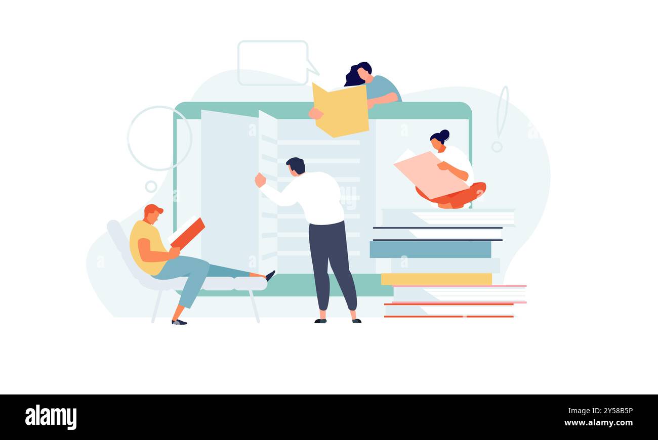 Library online. Reading people distance learning and courses. Vector illustration Stock Vector