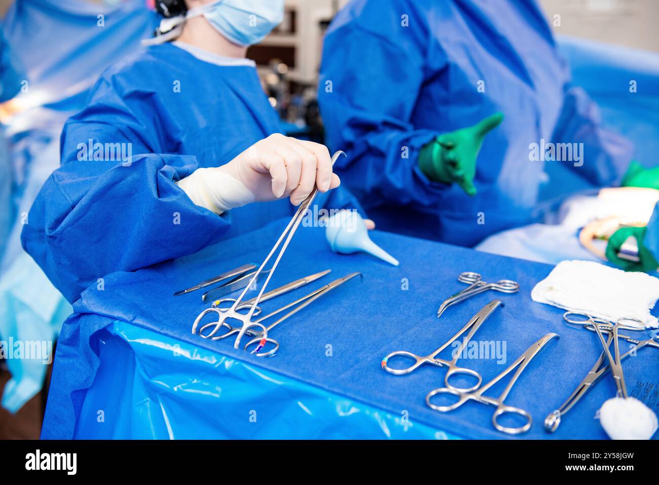 Various surgical tools in an operating room. Stock Photo