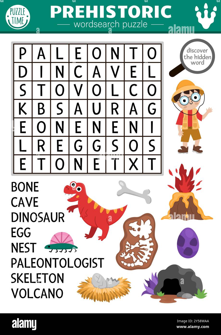 Vector simple dinosaur wordsearch puzzle for kids. Word search dino land quiz. Educational activity with paleontologist, skeleton, volcano, egg, cave Stock Vector Image & Art - Alamy for Free Printable Dinosaur Word Search