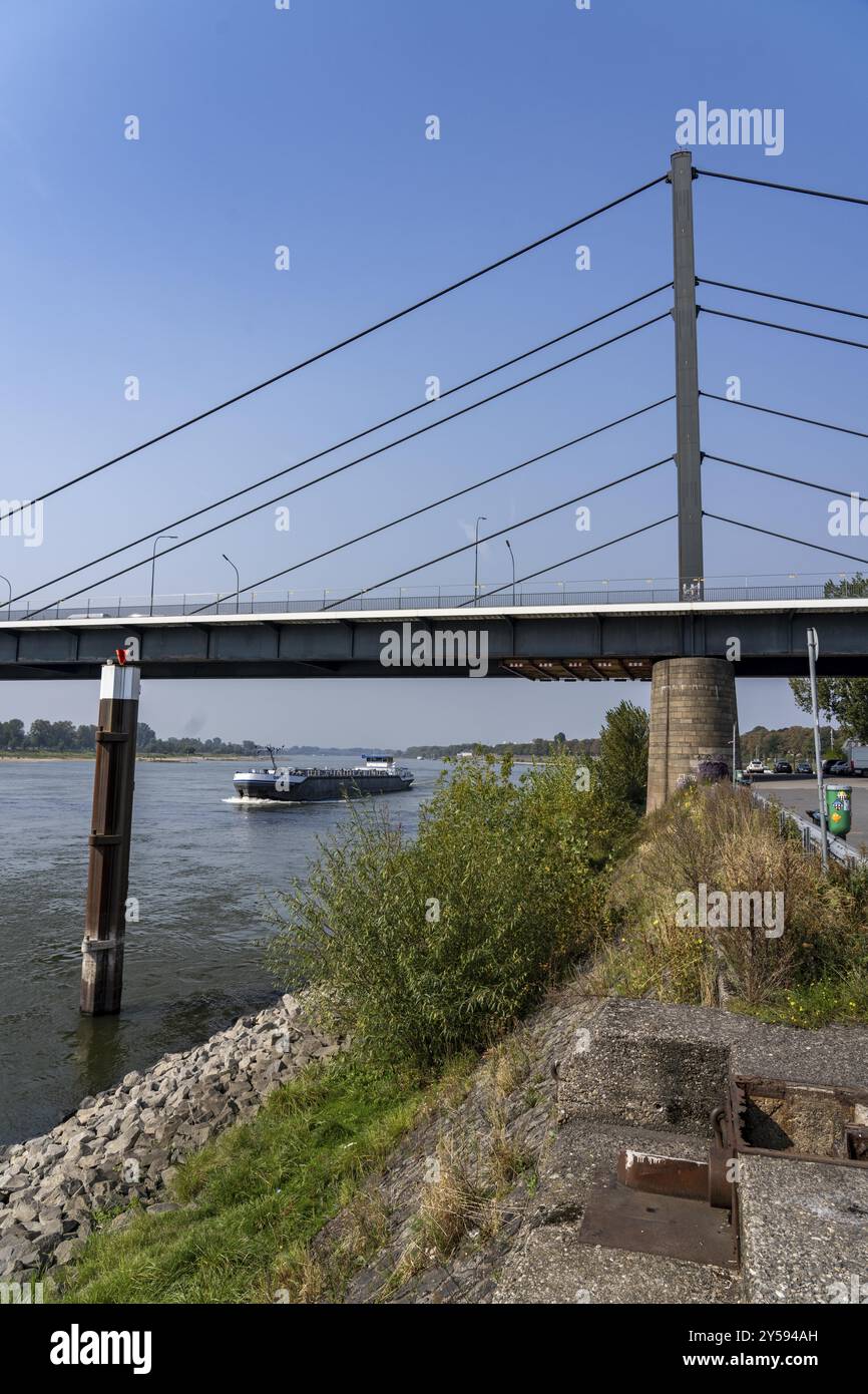 The Theodor-Heuss-Bridge, Rhine crossing, cable-stayed bridge, first road bridge of the so-called Duesseldorf bridge family, is dilapidated, concrete Stock Photo