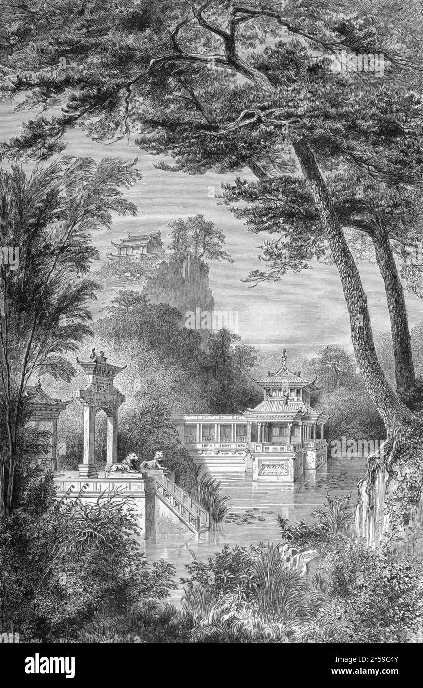 The Imperial Garden of China on engraving from 1871 Stock Photo
