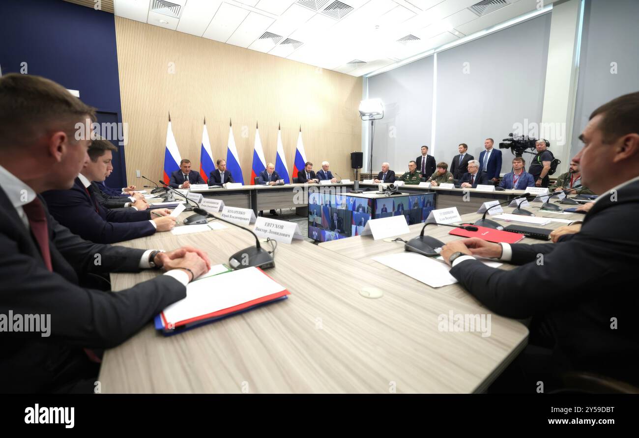 St Petersburg, Russia. 19th Sep, 2024. Russian President Vladimir Putin, chairs a meeting of the Military-Industrial Commission on Special Purpose UAV's at the Special Technology Centre, September 19, 2024 in Strelna, St Petersburg, Russia. Credit: Gavriil Grigorov/Kremlin Pool/17�Թ����� Live News Stock Photo