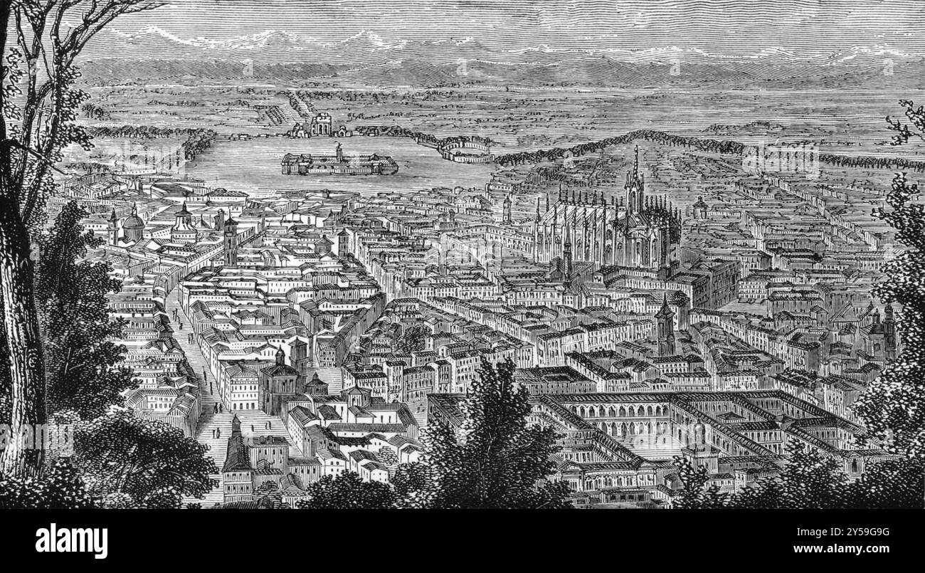 General view of Milan, Italy on engraving from 1800s Stock Photo - Alamy