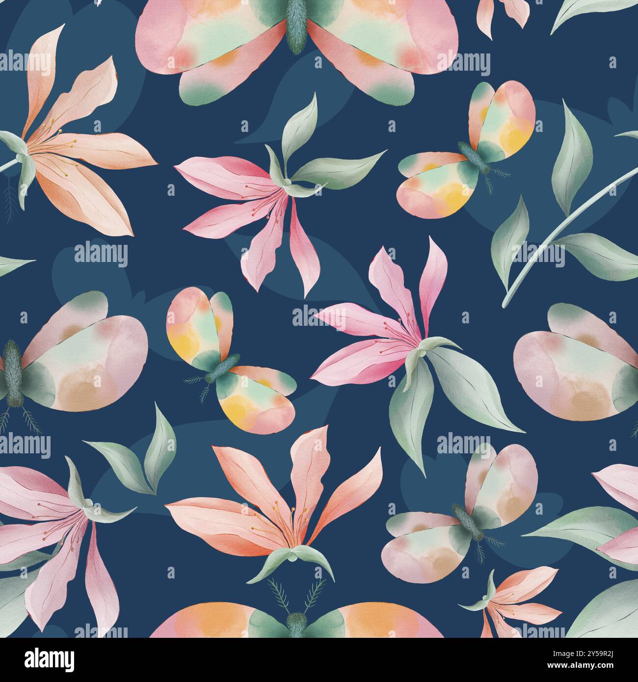 Magnolia flowers and moths on dark blue background watercolor painting ...