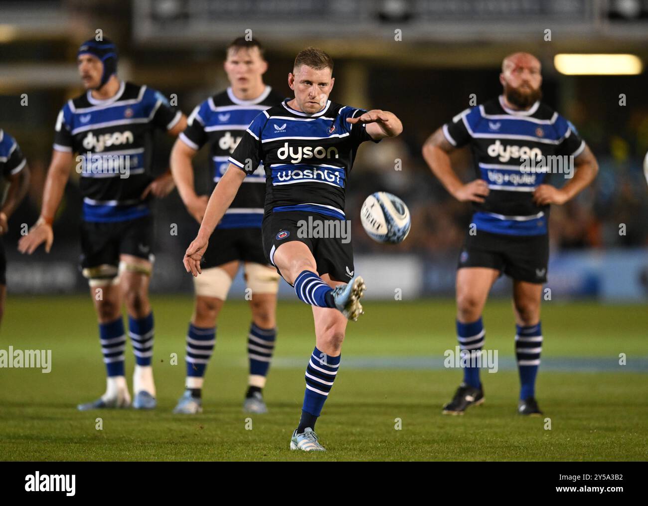 20th September 2024, The Recreation Ground, Bath, Somerset, England; Gallagher Premiership Rugby, Bath versus Northampton Saints; Finn Russell of Bath kicks to touch Stock Photo