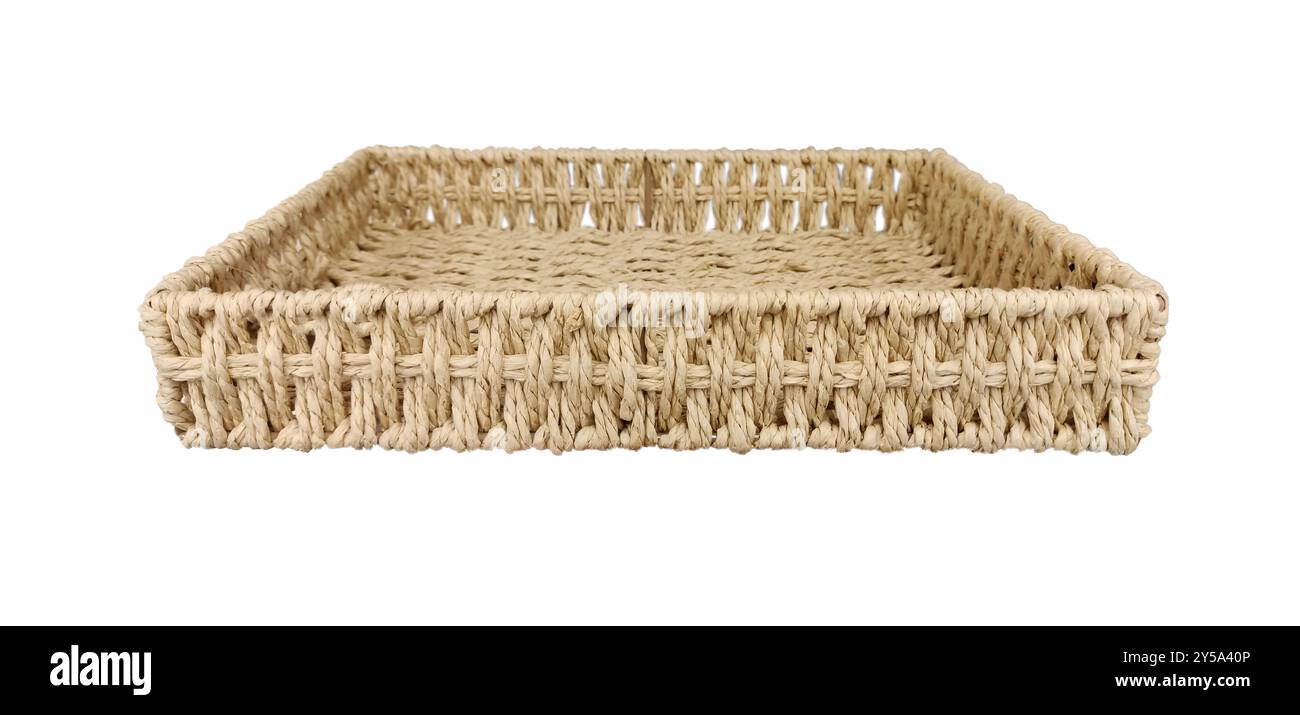Empty wicker basket tray square form, kitchen tableware, decorative element, isolated on white background Stock Photo