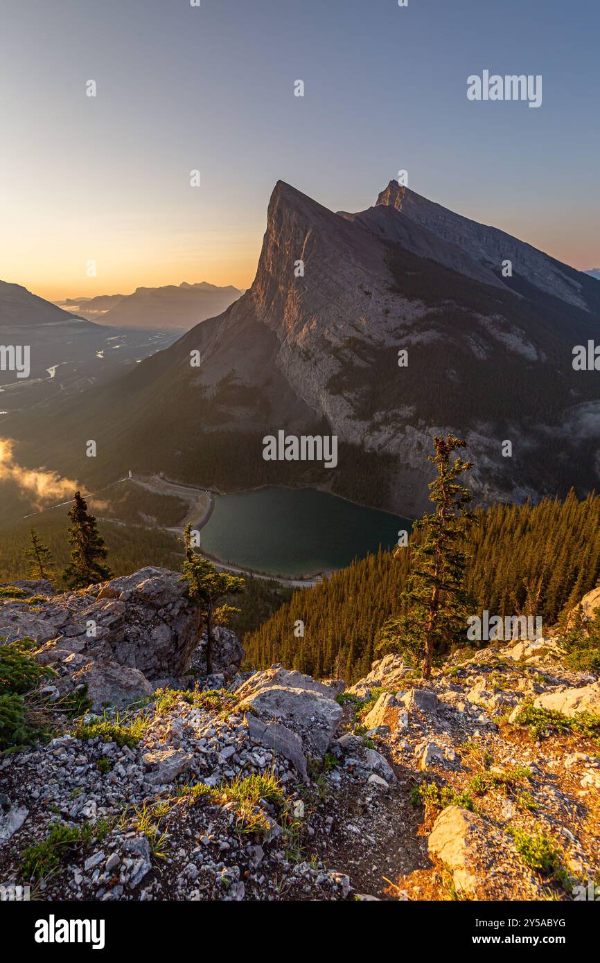 The sunrise illuminates Ha Ling Peak at Canmore in Alberta, Canada