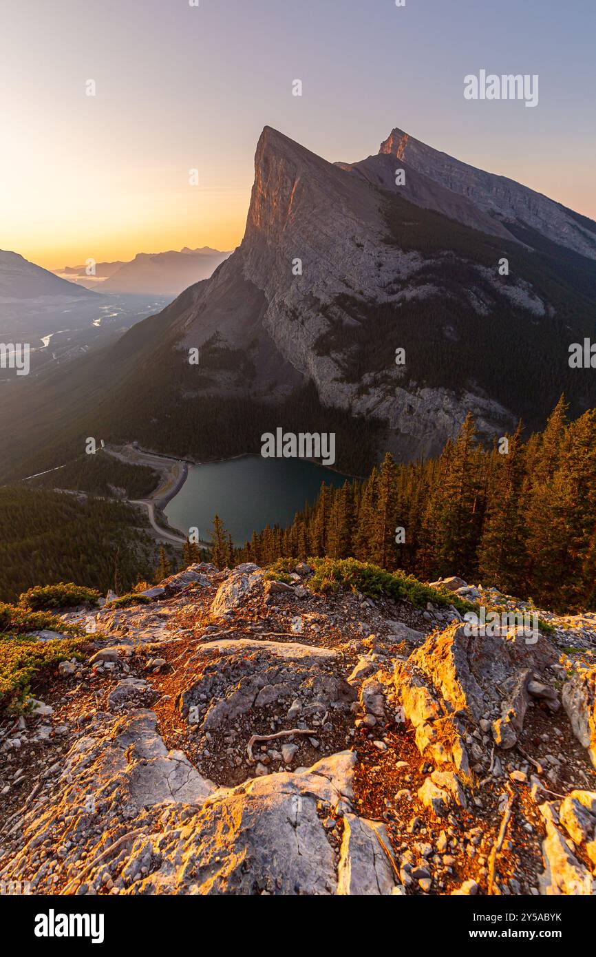 The sunrise illuminates Ha Ling Peak at Canmore in Alberta, Canada