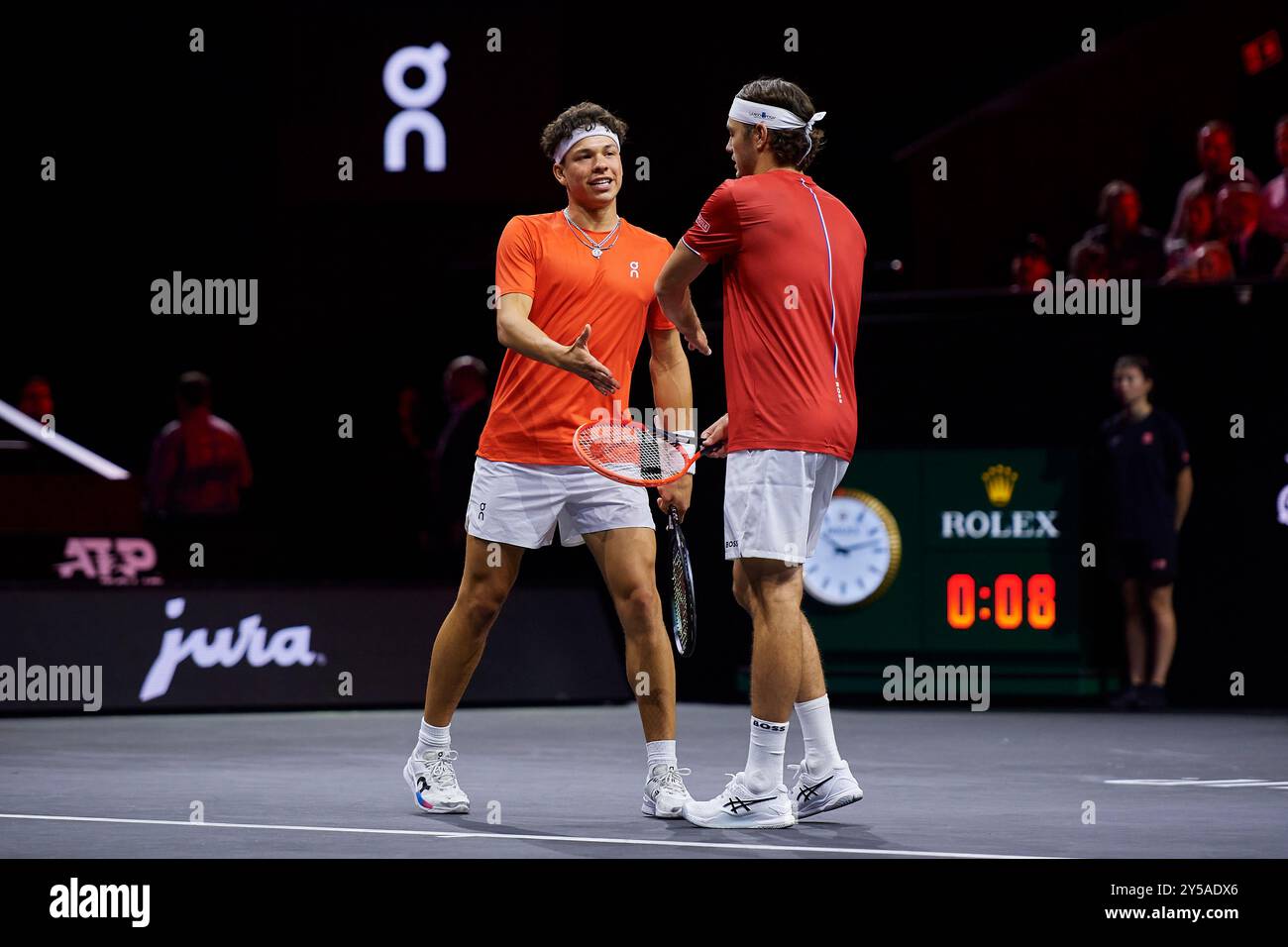 Berlin, Germany. 20th Sep, 2024. BERLIN, GERMANY - SEPTEMBER 20: Taylor Fritz and Ben Shelton of Team World celebrates a point against Alexander Zverev and Carlos Alcaraz of Team Europe during the Men's Doubles match on day one of Laver Cup at Uber Arena on September 20, 2024 in Berlin, Germany. (Photo by Francisco Macia/Photo Players Images/Magara Press) Credit: Magara Press SL/Alamy Live News Stock Photo