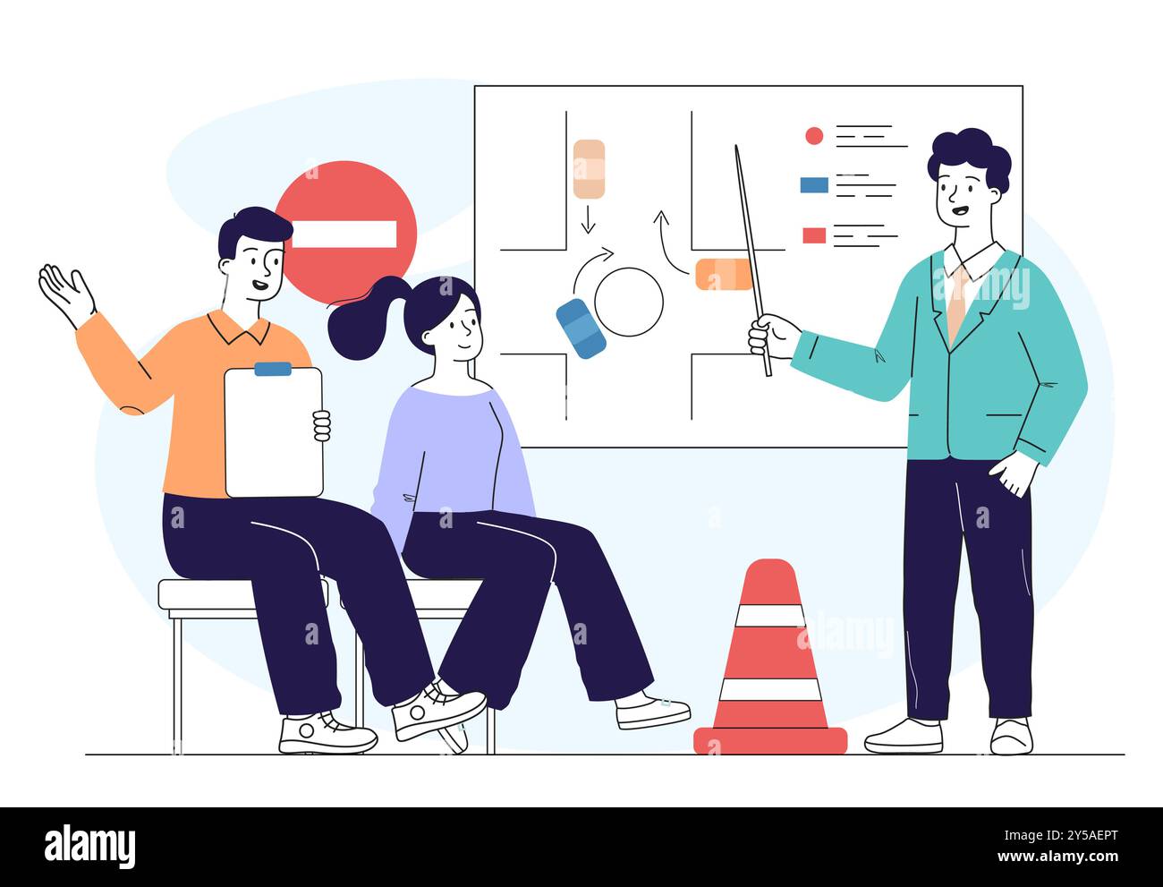 Driving school lesson. Man and woman watching lecture for drivers. Education, learning and training. Information about traffic rules. Linear vector Stock Vector