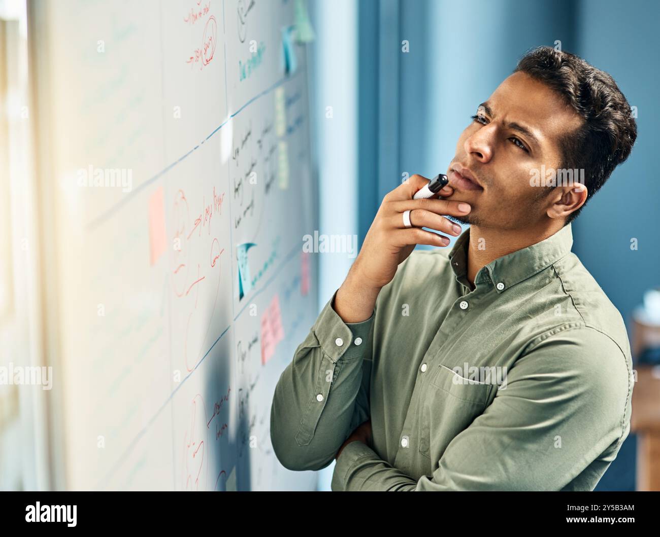 Business man, whiteboard and thinking for planning, schedule and ...