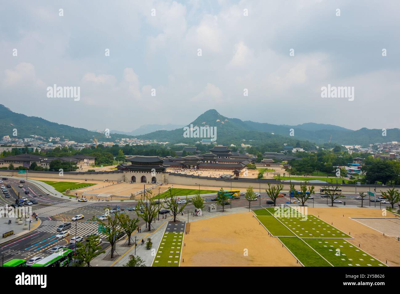 aerial view of Gyeongbokgung Palace seen from the rooftop of National Museum of Korean Contemporary History in Seoul, Korea Stock Photo