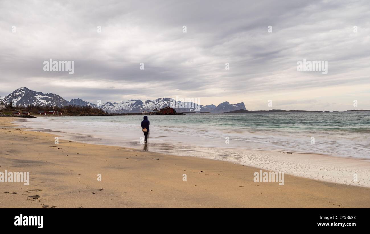 scenic views of the beach of bovaer during a cloudy day, skaland, senja ...