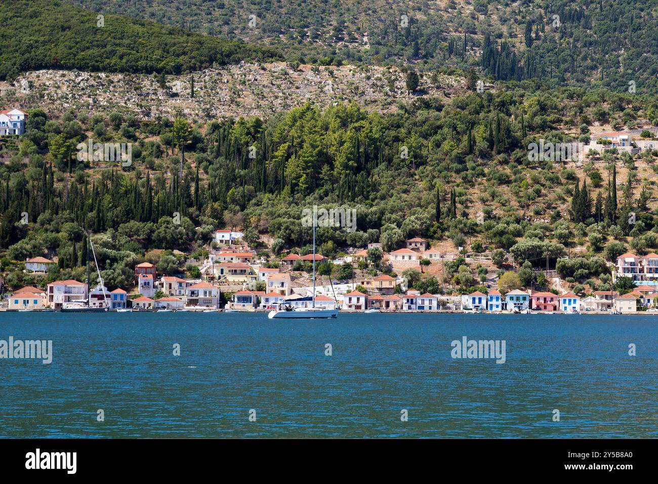 View to Vathy town, the capital and main harbor of Ithaca island, Greece Stock Photo