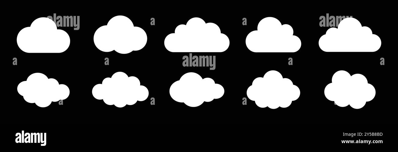 Vector illustration of the clouds set on black background. Clouds collection. White cloudy set isolated on black background. White clouds icons. Stock Vector