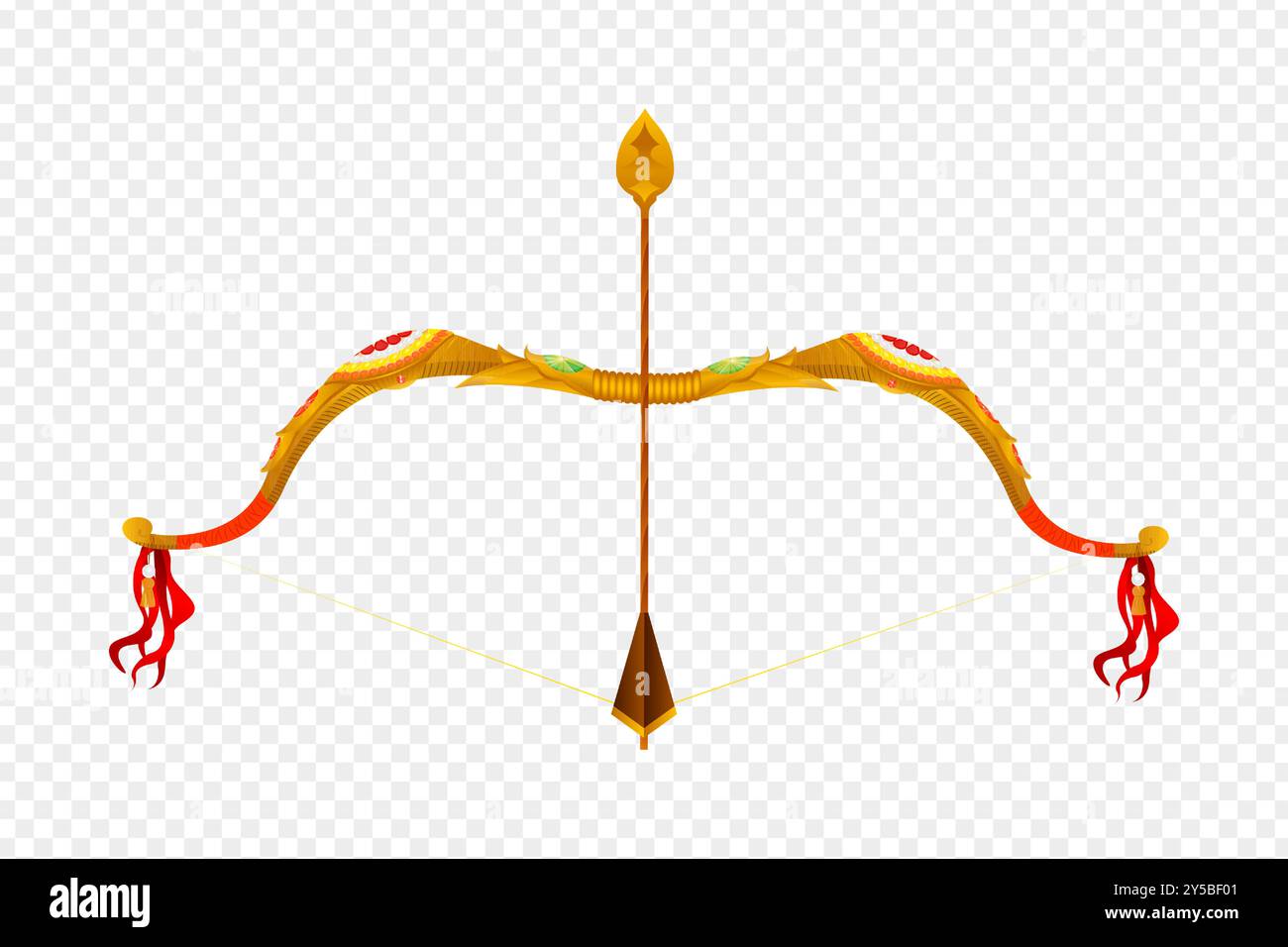 Vector illustration of golden decorated bow and arrow weapon on transparent background Stock Vector