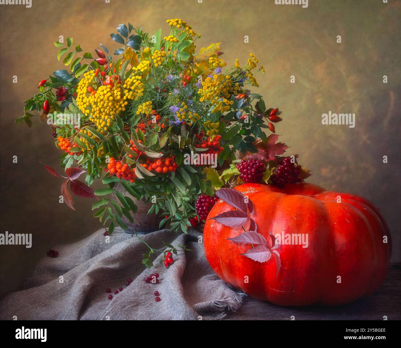 Still life with autumn bouquet and pumpkin Stock Photo - Alamy