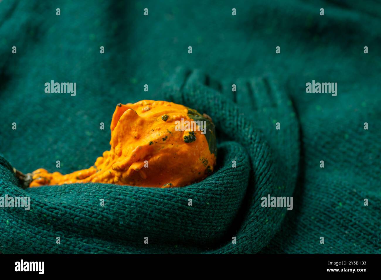Orange pumpkin near a stack of knitted sweaters on a knitted blanket. Stock Photo