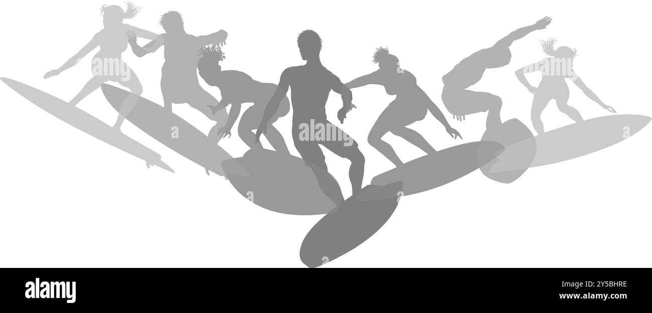 Surfer Surfboard Surfers Male Female Silhouettes Stock Vector Image ...