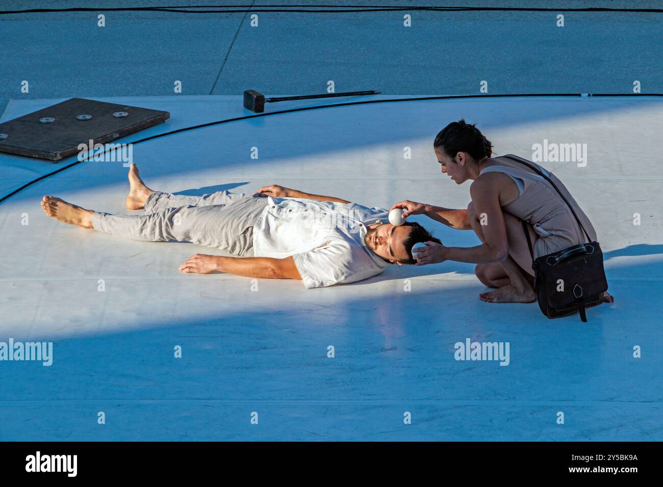 Circus show "Ven" by the "Si Seul company". Amphitheater of the port of Colombiers. Show hosted as part of the stage in Herault. Occitanie, France Stock Photo