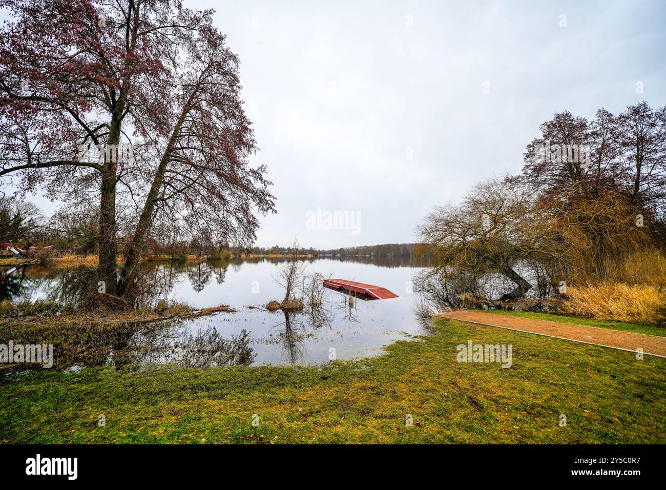 View of Lake Thielenburg and the surrounding landscape near Dannenberg on the Elbe. Nature in winter by the river. Stock Photo