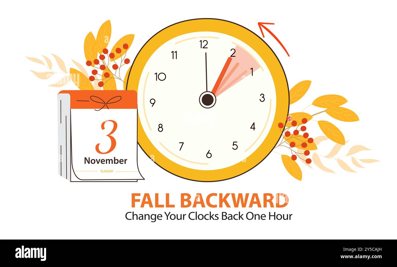 Fall Backward banner reminder showing turning clock back one hour and calendar with date - November 3, 2024. Fall Back vector illustration info poster Stock Vector