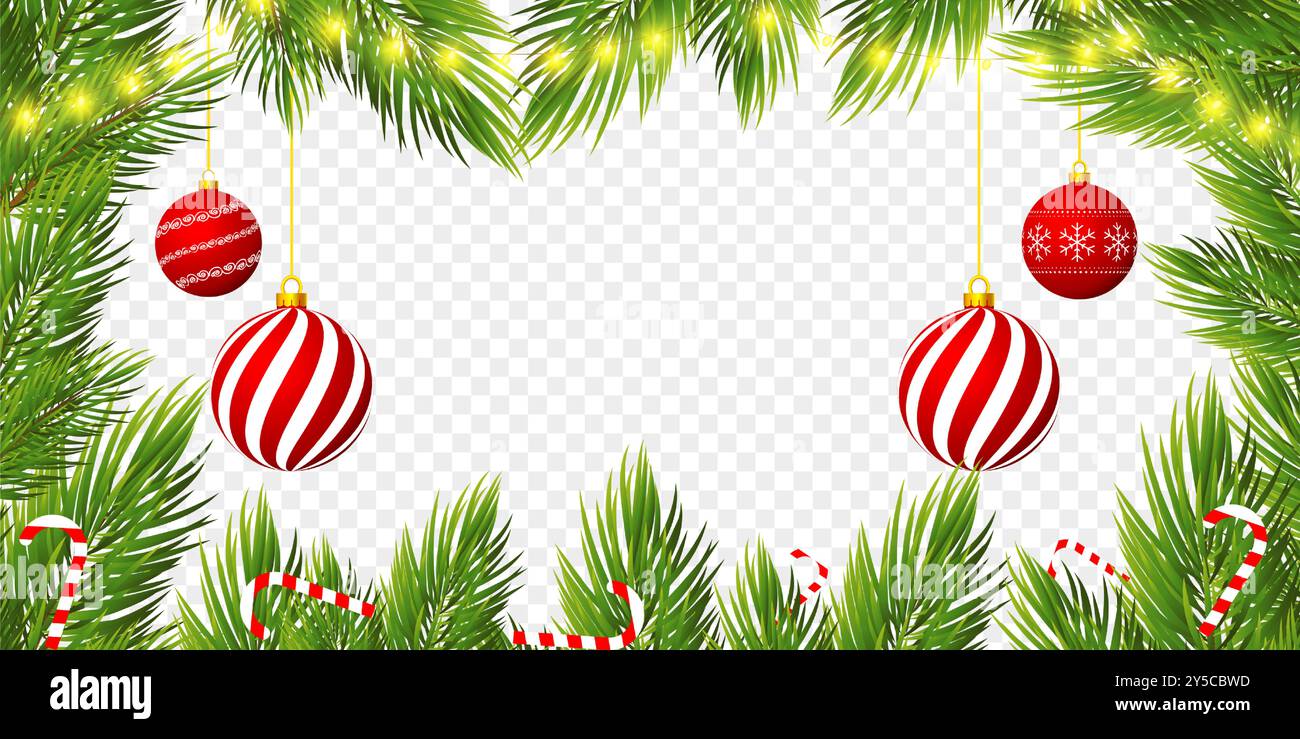 Vector illustration of fir branches with lights and christmas balls ...