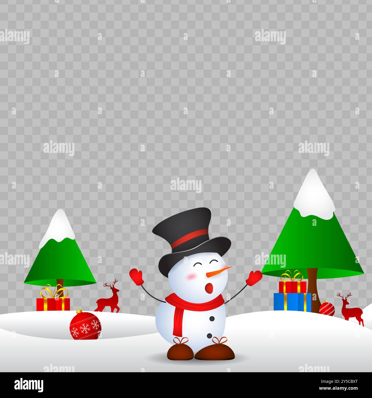 Vector illustration of snowman with gifts and Christmas tree on ...
