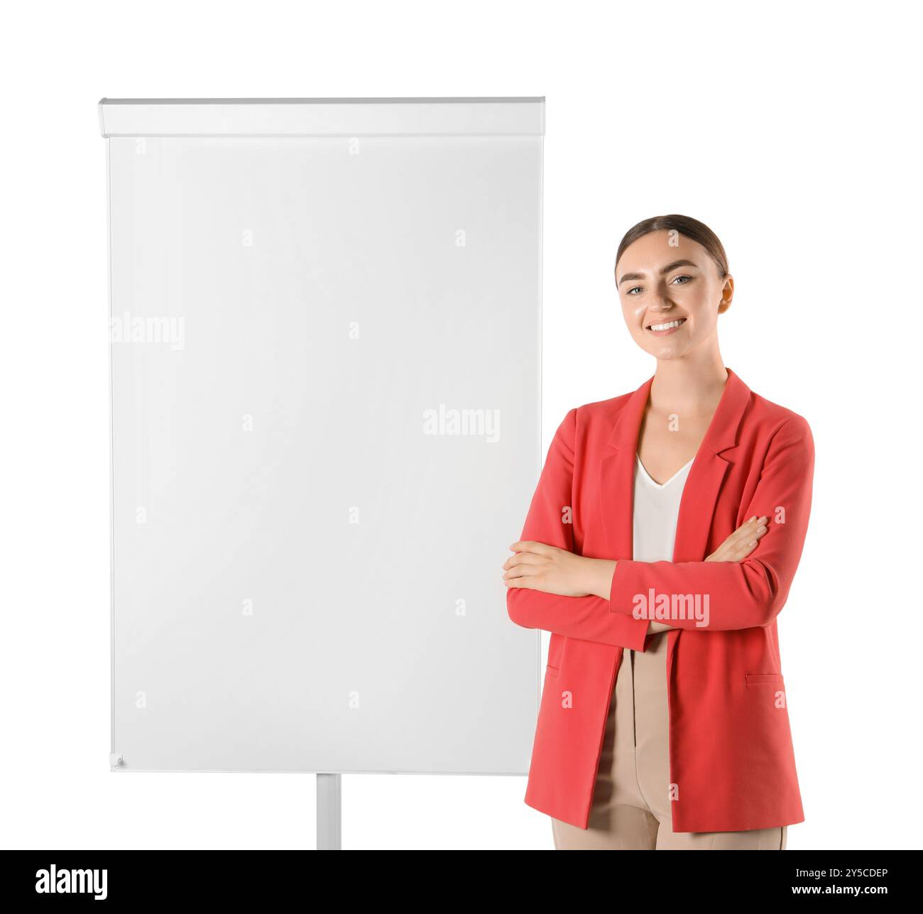 Woman near flip chart on white background. Mockup for design Stock