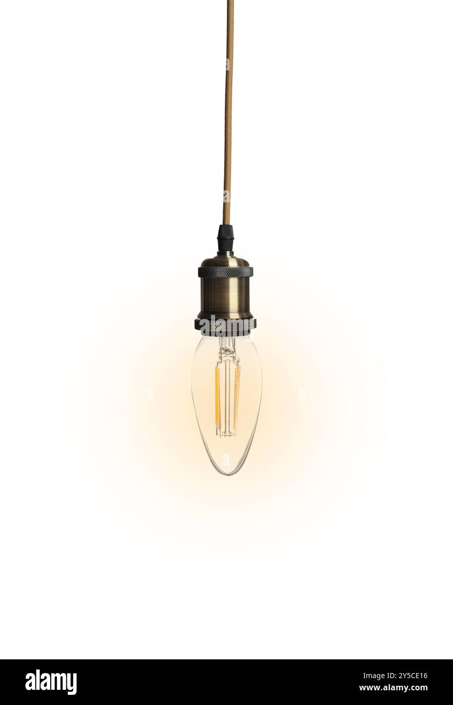 One glowing light bulb hanging on white background Stock Photo - Alamy
