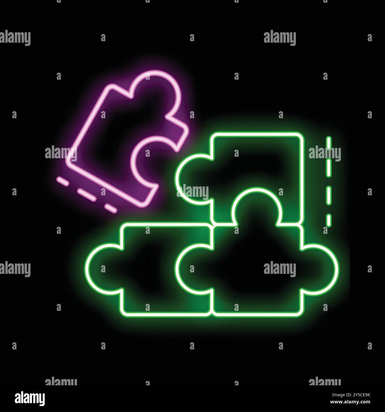 Glowing neon puzzle pieces coming together on a dark background representing problem solving Stock Vector