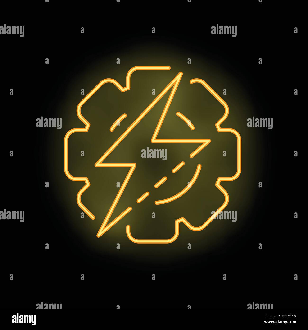 Glowing neon yellow icon of a gear with a lightning bolt, symbolizing energy and power on a black background Stock Vector