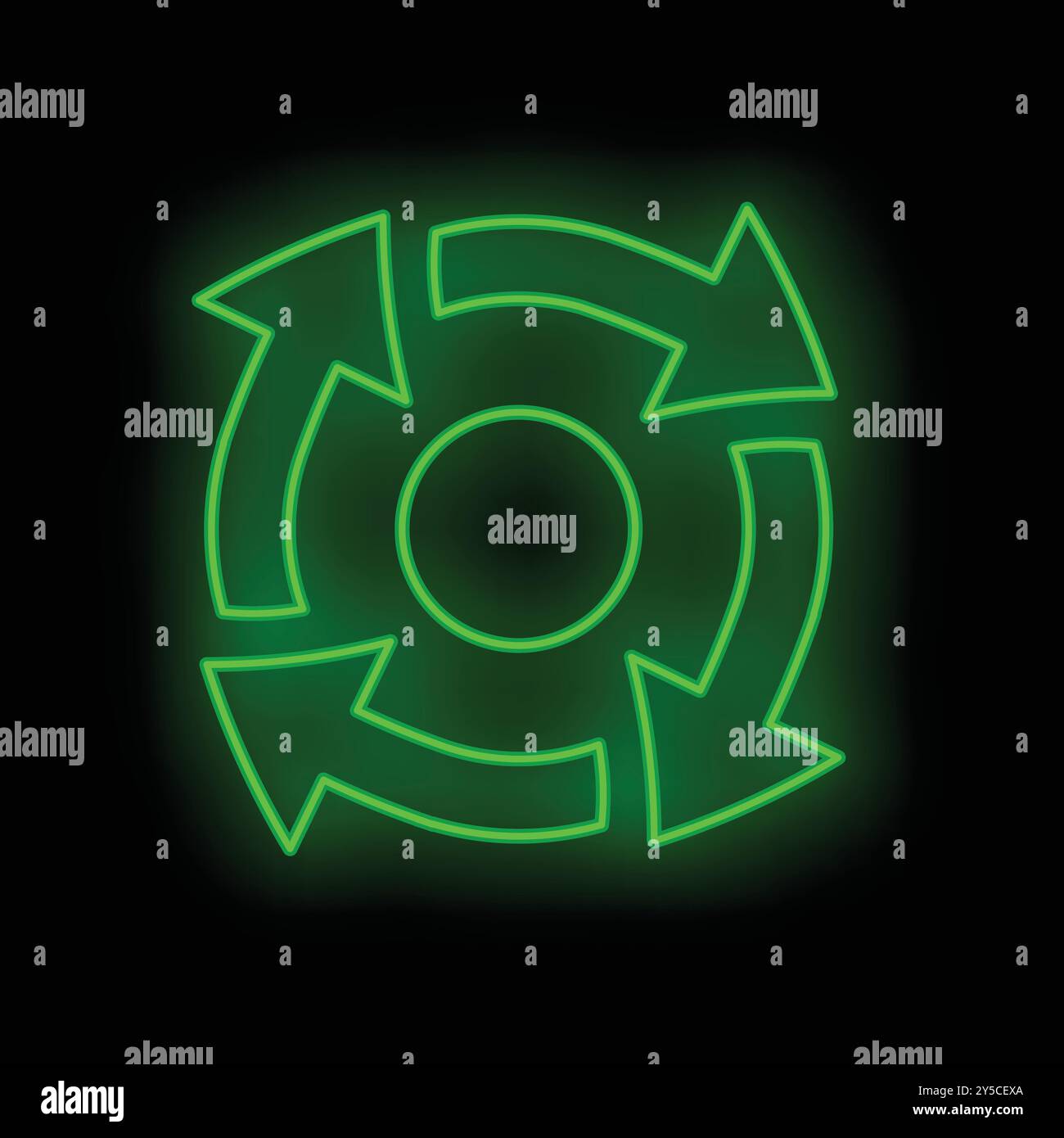 Green neon sign showing four arrows making a circle on a black ...