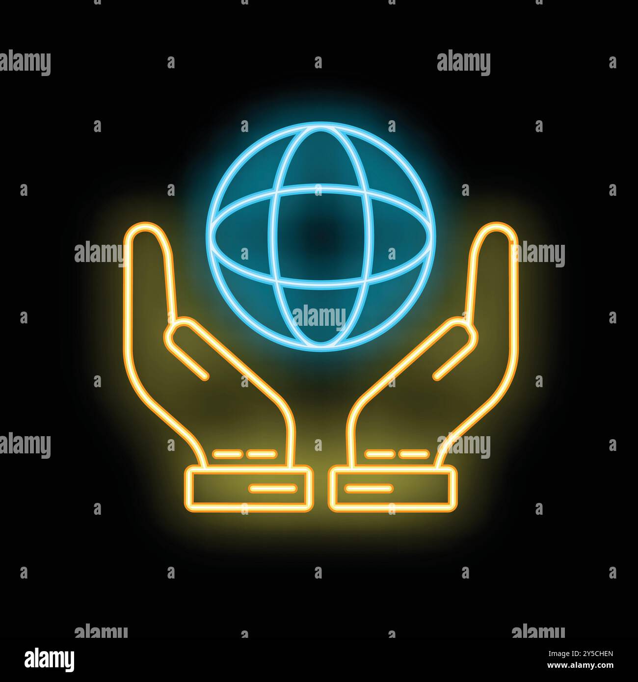 Trade Hands Sign Neon sign of two hands holding up a world globe, representing ...