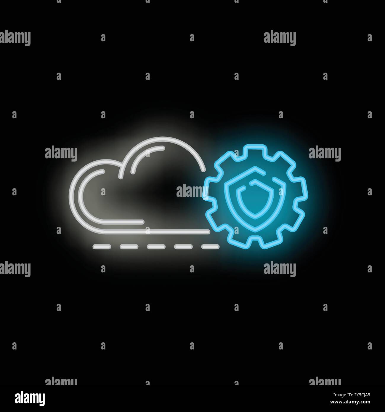 Neon icon of a cloud with a gear and shield representing cloud computing security Stock Vector