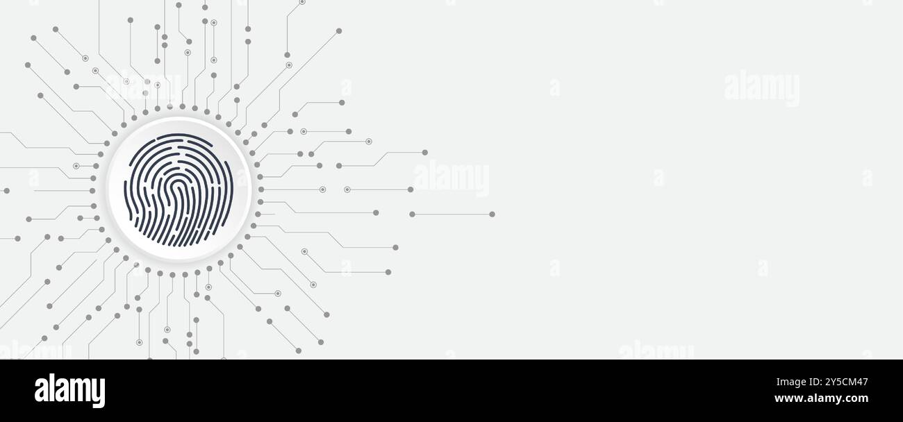 This image showcases a futuristic fingerprint scanner hovering over a digital interface, symbolizing biometric security. The background is a muted gre Stock Vector