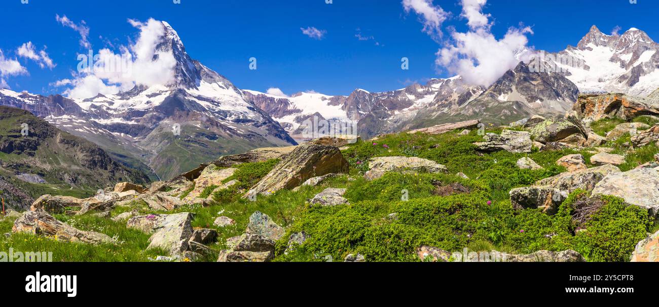 famous hiking routes in Switzerland , Valais canton - five most beautiful mountain lakes in Zermatt. scenic view of   Matterhorn iconic mountain Stock Photo