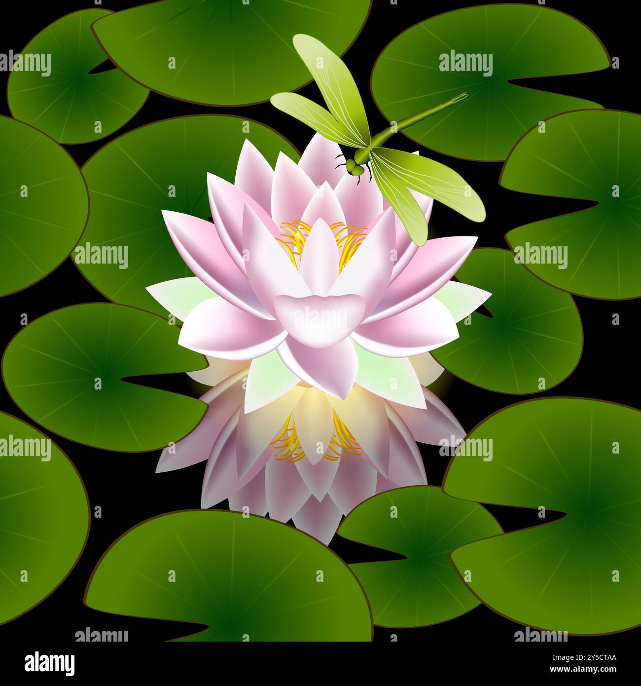 Seamless pattern with a lotus flower leaves and dragonfly on a black ...