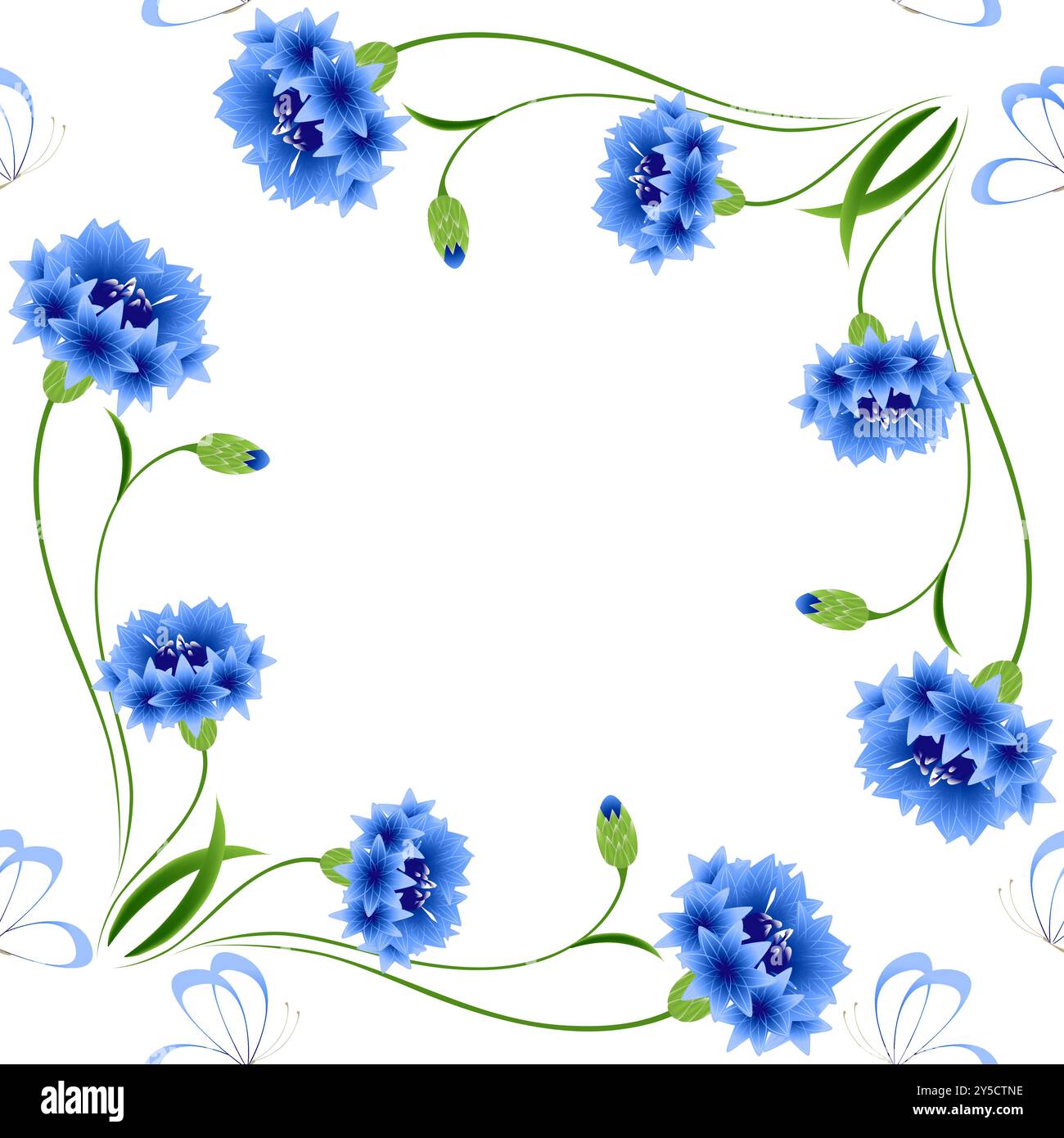 Blue cornflowers with butterflies on a white background, seamless pattern. Stock Vector