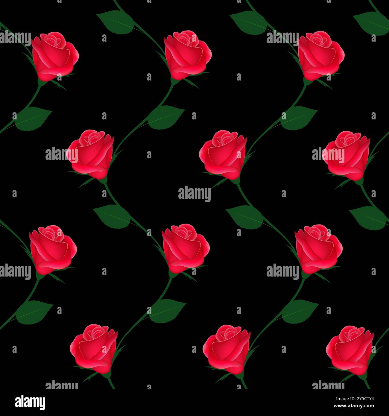 Branches of roses on a black background, vertical seamless pattern. Stock Vector