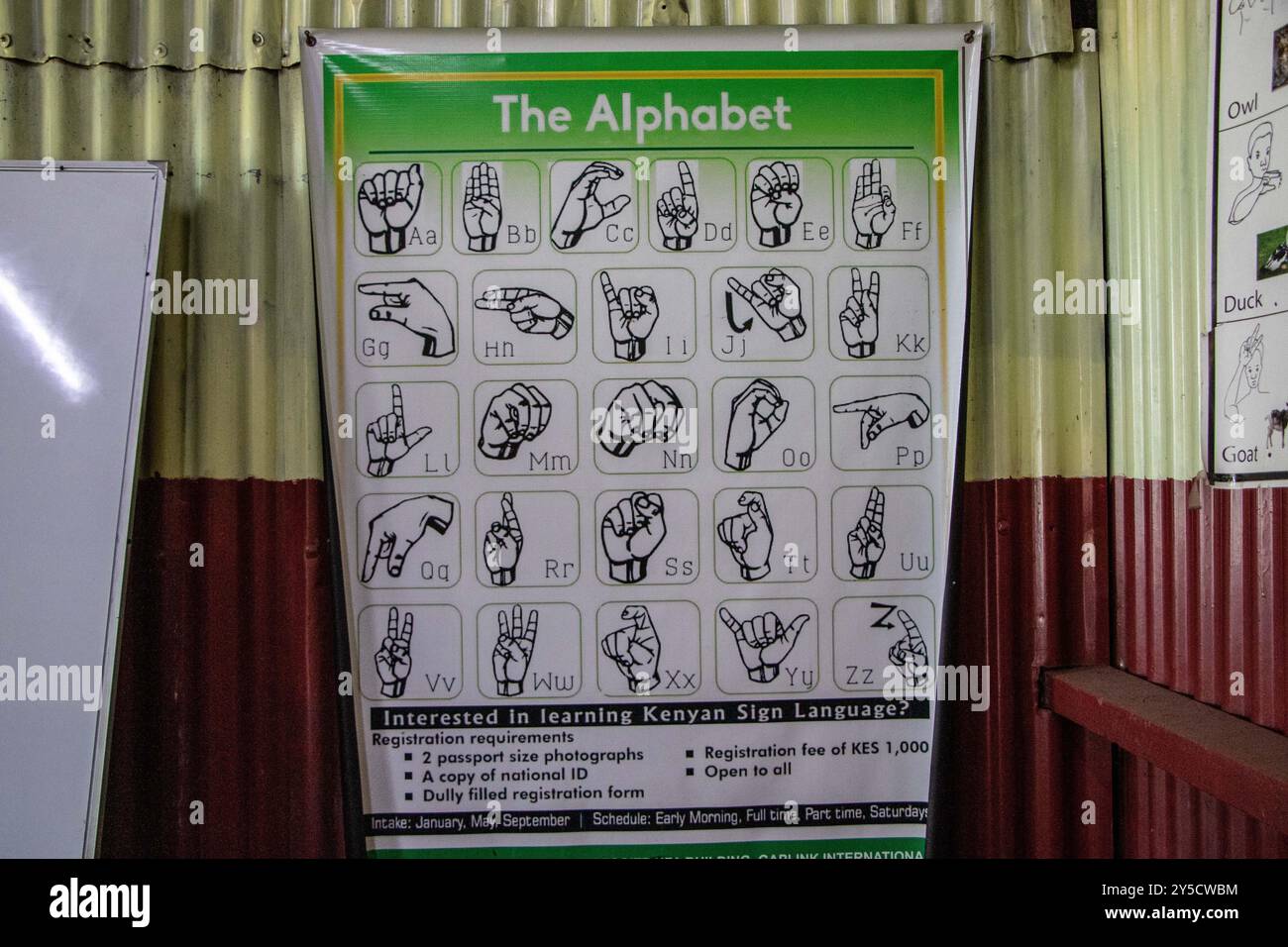 A poster with sign language alphabets is displayed at the Horizon Sign ...