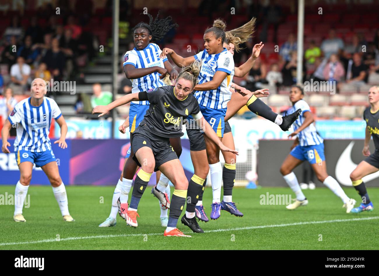 Crawley UK 21st September 2024 - Action during the  Barclays  Women's Super League football match between Brighton & Hove Albion and Everton at The Broadfield Stadium in Crawley  : Credit Simon Dack /TPI/ Alamy Live News. Editorial use only. No merchandising. Stock Photo