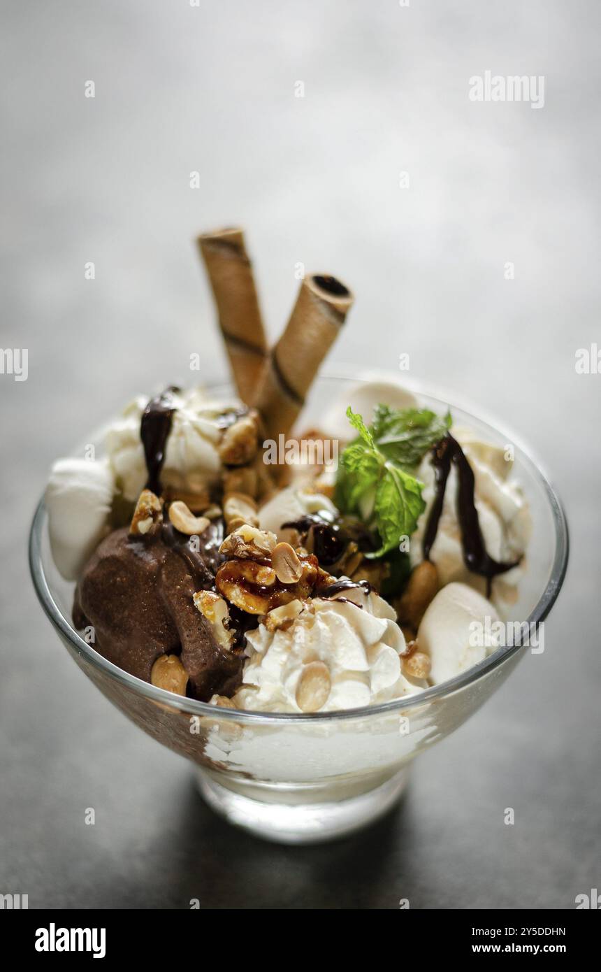 Organic chocolate and mint vanilla ice cream sundae dessert in bowl ...