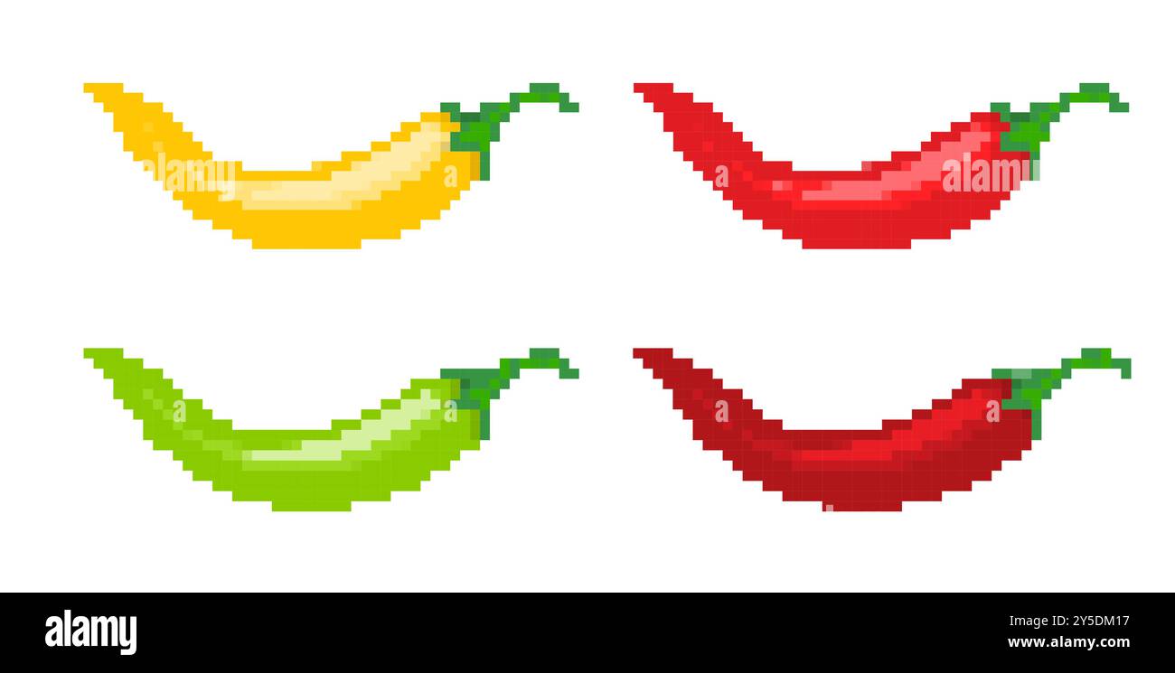 Pixelated chili peppers illustration. Simple pixel art yellow, red ...